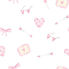 seamless pattern for saint's valentine day arrows, hearts, bows illustration watercolor