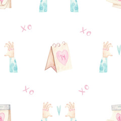 seamless pattern for saint's valentine day from hands holding heart and calendar with 14 number illustration watercolor