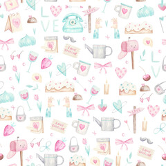 seamless pattern for valentine's day, cupcakes, hearts, love illustration watercolor