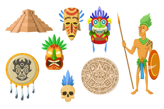 Aztec ancient artifacts set. Pyramids, tribal masks with eagle feather, calendar isolated on white. Vector illustrations for maya ethnic culture concept