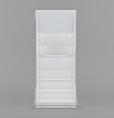 White Floor Display Rack For Supermarket Blank Empty Displays With Shelves Products On Gray Background Isolated. Ready For Your Design. Product Packing with clipping path. 3D rendering