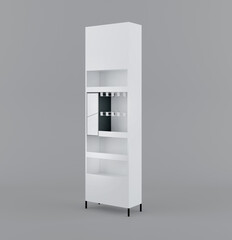 White Floor Display Rack For Supermarket Blank Empty Displays With Shelves Products On Gray Background Isolated. Ready For Your Design. Product Packing with clipping path. 3D rendering