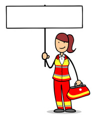 Cartoon Notärztin oder Sanitäterin mit Schild bei Protest