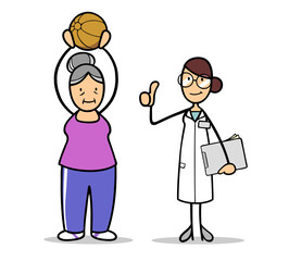 Cartoon Ärztin unterstützt Frau bei Seniorenturnen mit Medizinball