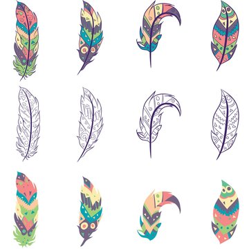 Element pack with isolated colorful feathers and sketches. Collection of hippie bohemian objects with aztec and oriental motifs. 