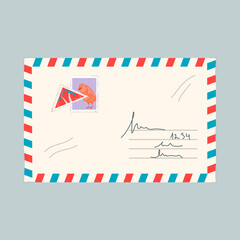 Mail envelope with postmarks and stamps, flat vector illustration isolated on neutral background. Retro airmail envelope or letter. Mailing and post symbol.