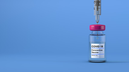 3d illustration of a Covid 19 vaccine bottle and a syringe extracting the liquid with a drop on the needle