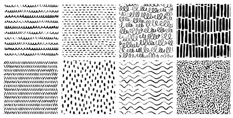 Hand drawn ink pattern and textures set. Expressive seamless abstract vector backgrounds in black and white. Trendy monochrome doodles and brush marks.