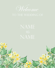 Watercolor hand painted nature floral wedding frame with yellow lime blossom flowers and green leaves bouquet on the green background with welcome text for invitation card design