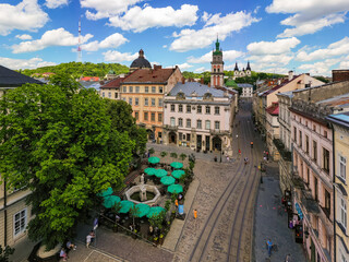 Fototapeta premium Aerial view on Market square in Lviv, Ukraine from drone