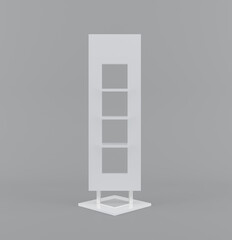White Floor Display Rack For Supermarket Blank Empty Displays With Shelves Products On Gray Background Isolated. Ready For Your Design. Product Packing with clipping path. 3D rendering
