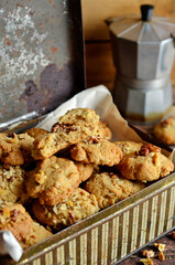 Banana cookies with nuts in a rustic box