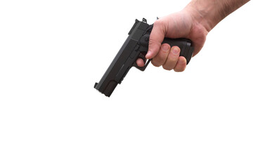 Man's hand holds a gun.