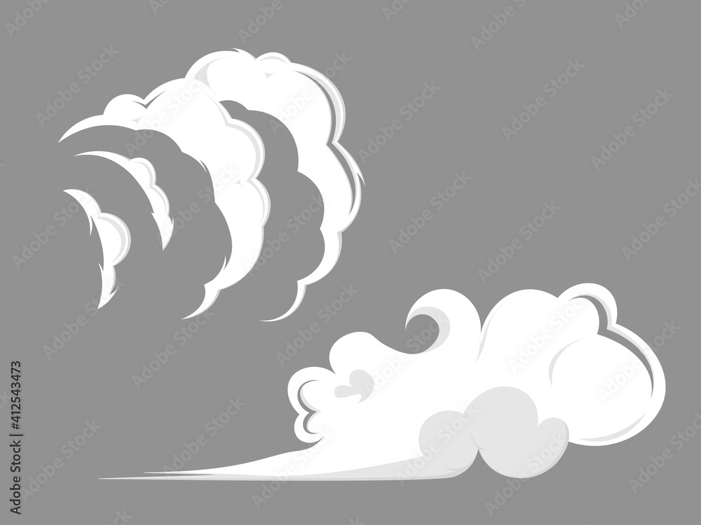 Wall mural Smoke clouds. Comic steam cloud, fume eddy and vapor flow. Set of stylized white clouds.