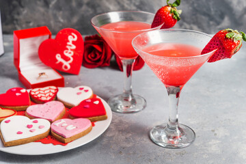 Cockteil of strawberry for romantinc scene close up