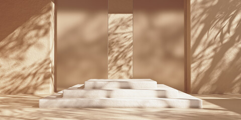 Stone steps podium mockup for packaging and cosmetic presentation, sunshade shadow on beige wall. 3d rendering rock steps pedestal.