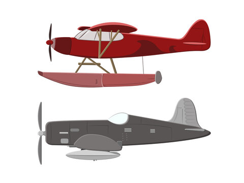 Airplane on white background. Airliner in side view. Small vintage piston engine airplane. Training aircraft