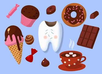Concept illustration, cartoon style. Bad habits for teeth. harmful products. A sad tooth with caries and chocolate sweets around. Cute humor illustration.