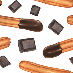 Churros with dark chocolate bar seamless pattern - watercolor spanish, mexican and brazilian dessert - roasted pastry with filling. Hand drawn illustration.