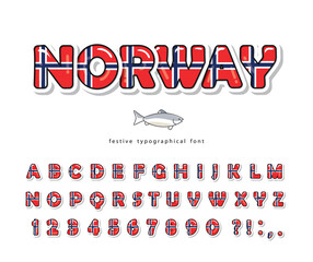 Norway cartoon font. Norwegian national flag colors. Bright alphabet for design. Paper cutout glossy ABC letters and numbers. Vector