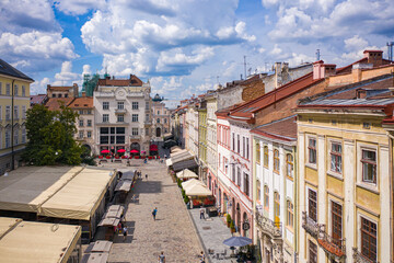 Fototapeta premium Aerial view on Market square in Lviv, Ukraine from drone