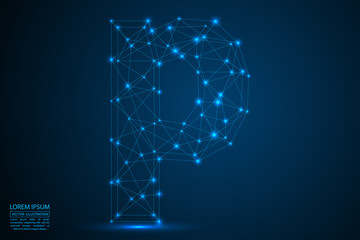 English letters abstract font consists 3d of triangles, lines, dots and connections. On a dark blue background cosmic universe stars, meteorites, galaxies. Vector illustration EPS 10.