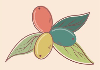 Coffee beans and leaves. Flat icon in gentle colors. The illustration is stylized as a watercolor. Vector on beige background.