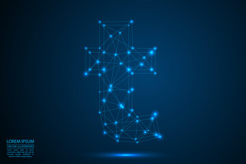 English letters abstract font consists 3d of triangles, lines, dots and connections. On a dark blue background cosmic universe stars, meteorites, galaxies. Vector illustration EPS 10.