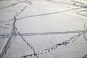 trails on snow covered frozen river surface