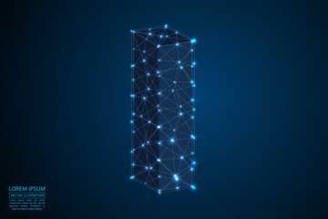 English letters abstract font consists 3d of triangles, lines, dots and connections. On a dark blue background cosmic universe stars, meteorites, galaxies. Vector illustration EPS 10.