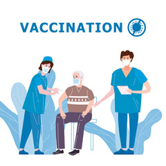 Vaccination for COVID-19. Immunity health doctor and nurse makes injection of coronavirus old man in hospital. Healthcare preventation and immunize