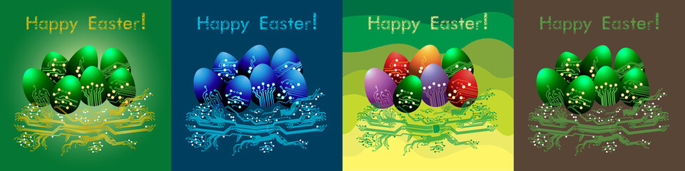 Easter eggs in circuit board style. Happy Easter greeting card. Vector Illustration
