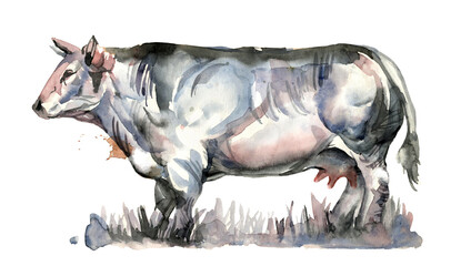 muscular belgian blue cow, genetically bred meat breed, animal color illustration on white background in watercolor technique & hand drawn style