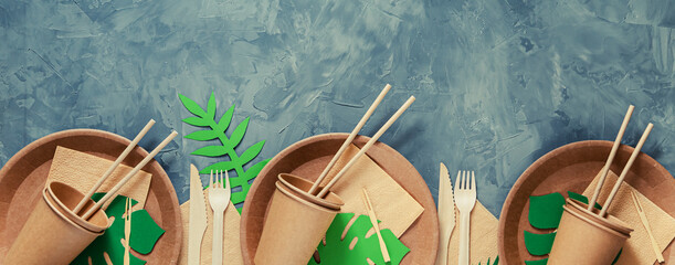 Natural eco-friendly bamboo and paper tableware. Banner. The concept of recycling.
