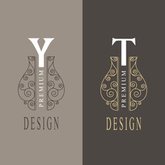 Capital letter Y, T. Beautiful monogram. Elegant logo. Calligraphic design. Luxury emblem. Vintage ornament. Simple graphics style. Flourishes boutique brand. Vector illustration
