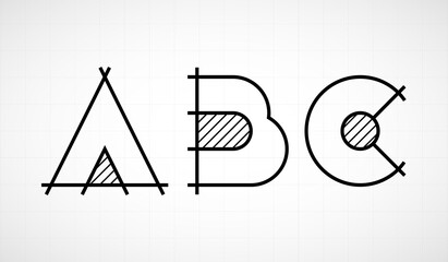 Architech font. Letters ABC. Graphic black and white alphabet. Linear drawing alphabet for banners, logos and texts. Vector illustration.