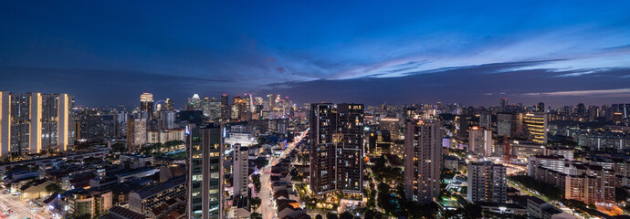 Ultra Wide angle image of Singapore central area cityscape at magic hour