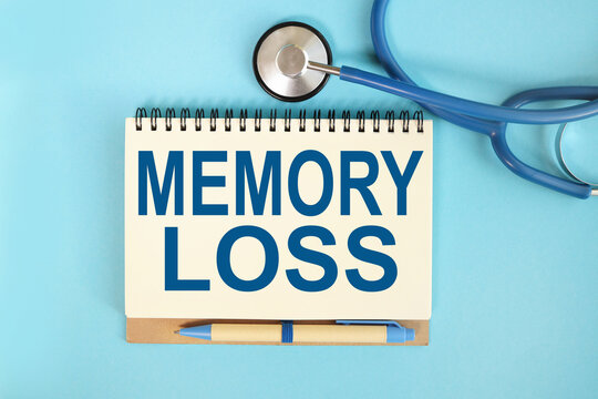 MAMORY LOSS. words written on a BLUE BACKGROUND, with a stethoscope in the background