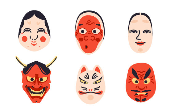 Japanese Kabuki Theater masks collection . Set of various culture, historical elements. Asian mythology symbols cartoon clipart.