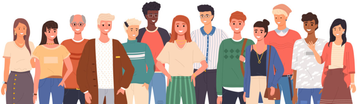 International group of people, old and young, with different social status, isolated on white. Generations man and woman. Stages of development people - youth, maturity, old age. Collective portrait