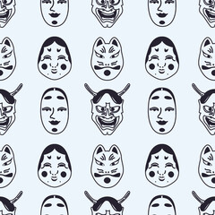 Kabuki Theater seamless pattern vector illustration. Japan mask, okame, oni, hyottoko, tengu, kitsune texture design. Mythology, ethnic background. 