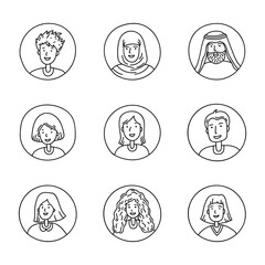 People of different nations icon set. Hand drawn human avatar illustration in doodle sketch style. Vector image.