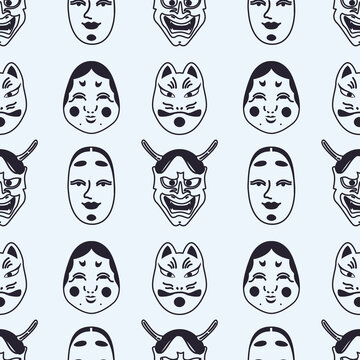 Kabuki Theater seamless pattern vector illustration. Japan mask, okame, oni, hyottoko, tengu, kitsune texture design. Mythology, ethnic background. 