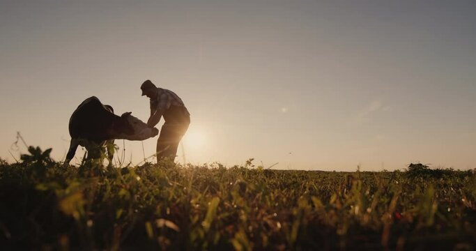 A farmer inspects his cow in a meadow. Home farm
