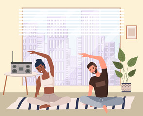 Home fitness. Young couple doing yoga in living room. Sports exercises and stretching, pair yoga concept. A man and a woman train on the floor, leads a healthy lifestyle, doing relaxation exercises