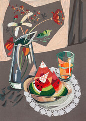 Stunning still life with watermelon and flower