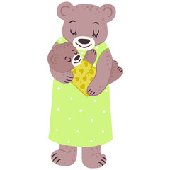 Mother bear with baby in her arms, isolated vector illustration