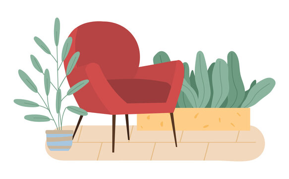 Retro red colored armchair and indoor plants in pots. Living room furniture design concept modern home interior element on white background. Modern comfortable armchair. Soft chair on wooden legs