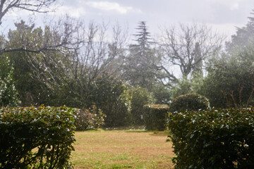sudden snow and rain in the seaside landscape park