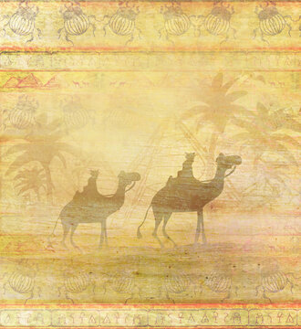 Camel train silhouetted against sky crossing the Sahara Desert - abstract grunge card